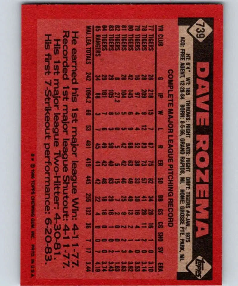 1986 Topps #739 Dave Rozema EX Excellent Texas Rangers Baseball Card - Baseball Card Single