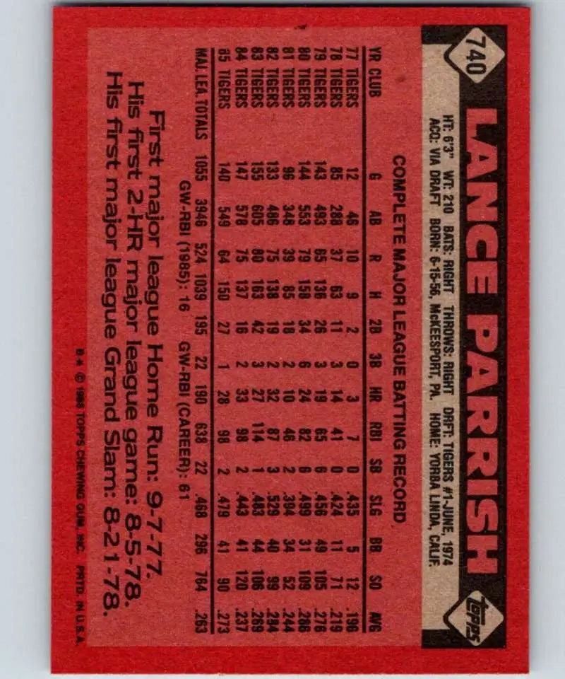 1986 Topps #740 Lance Parrish EX Excellent Detroit Tigers Baseball Card - Baseball Card Single