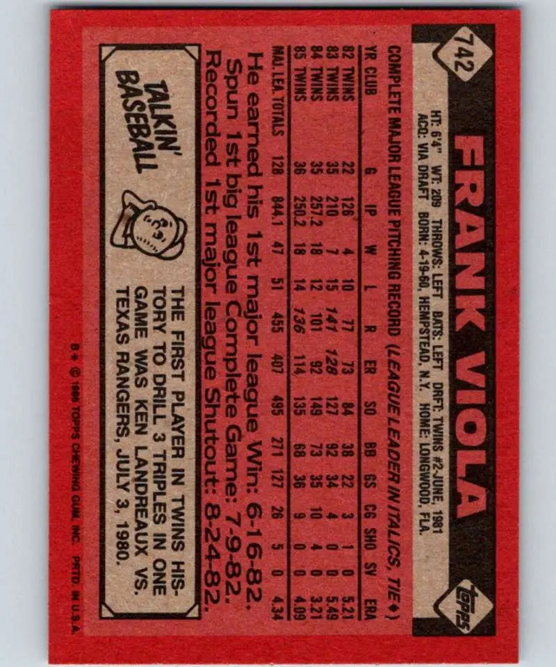 1986 Topps #742 Frank Viola EX Excellent Minnesota Twins Baseball Card - Baseball Card Single