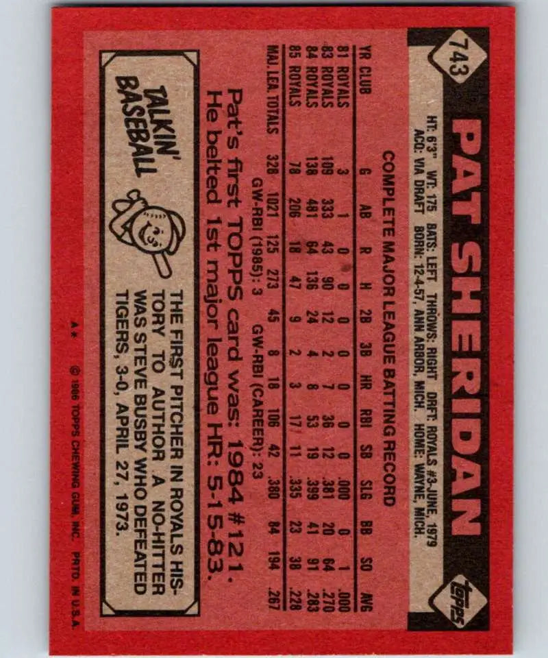 1986 Topps #743 Pat Sheridan EX Excellent Kansas City Royals Baseball Card - Baseball Card Single