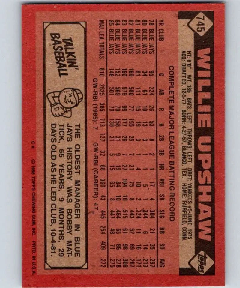1986 Topps #745 Willie Upshaw EX Excellent Toronto Blue Jays Baseball Card - Baseball Card Single