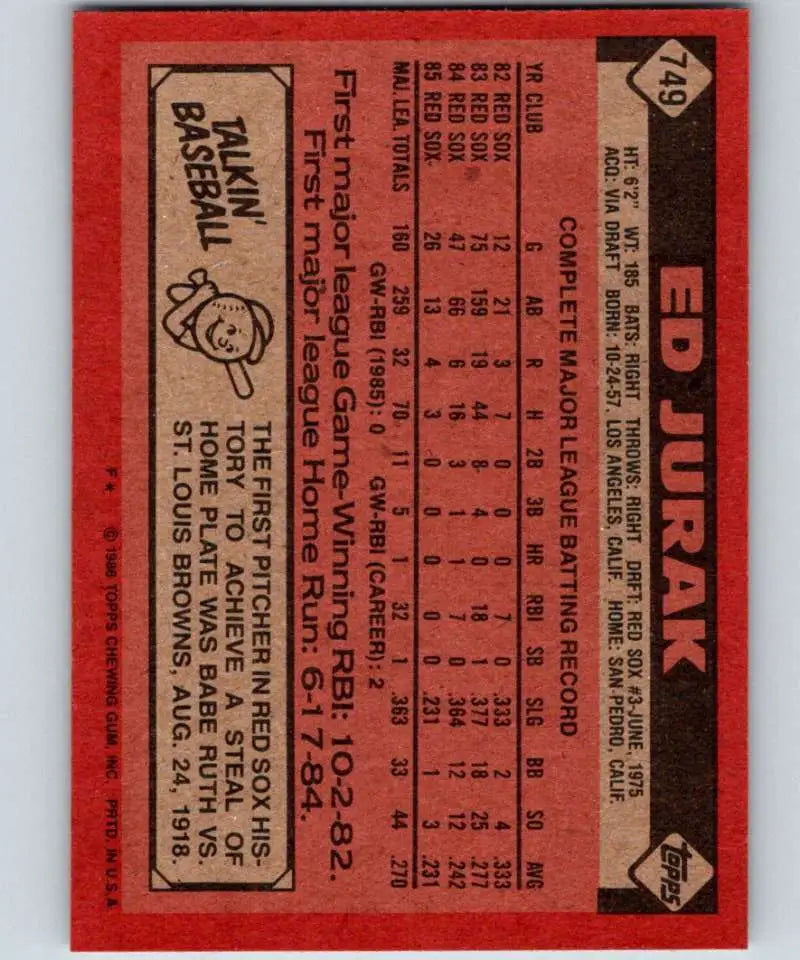 1986 Topps #749 Ed Jurak EX Excellent Boston Red Sox Baseball Card - Baseball Card Single