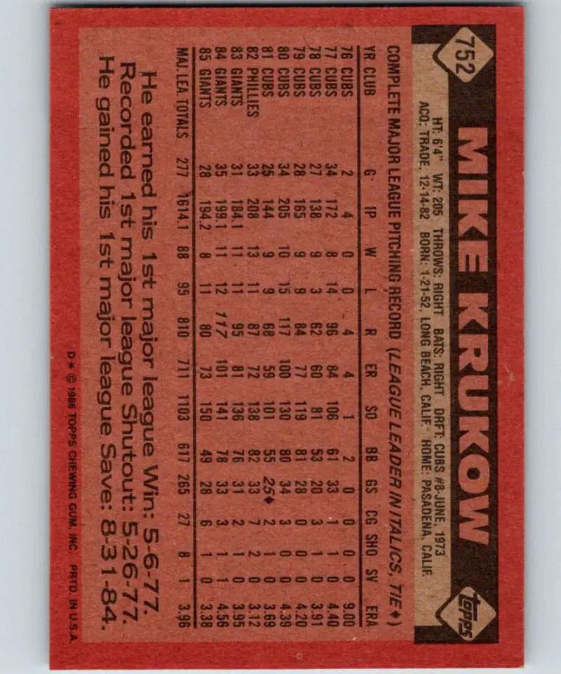 1986 Topps #752 Mike Krukow EX Excellent San Francisco Giants Baseball Card - Baseball Card Single