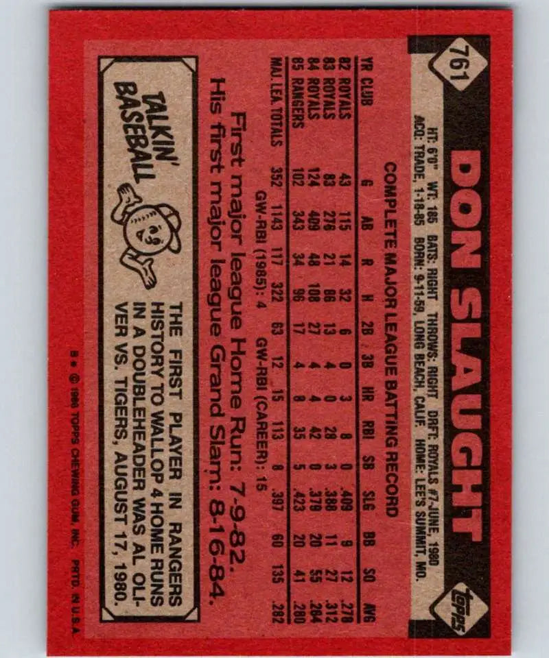 1986 Topps #761 Don Slaught EX Excellent Texas Rangers Baseball Card - Baseball Card Single