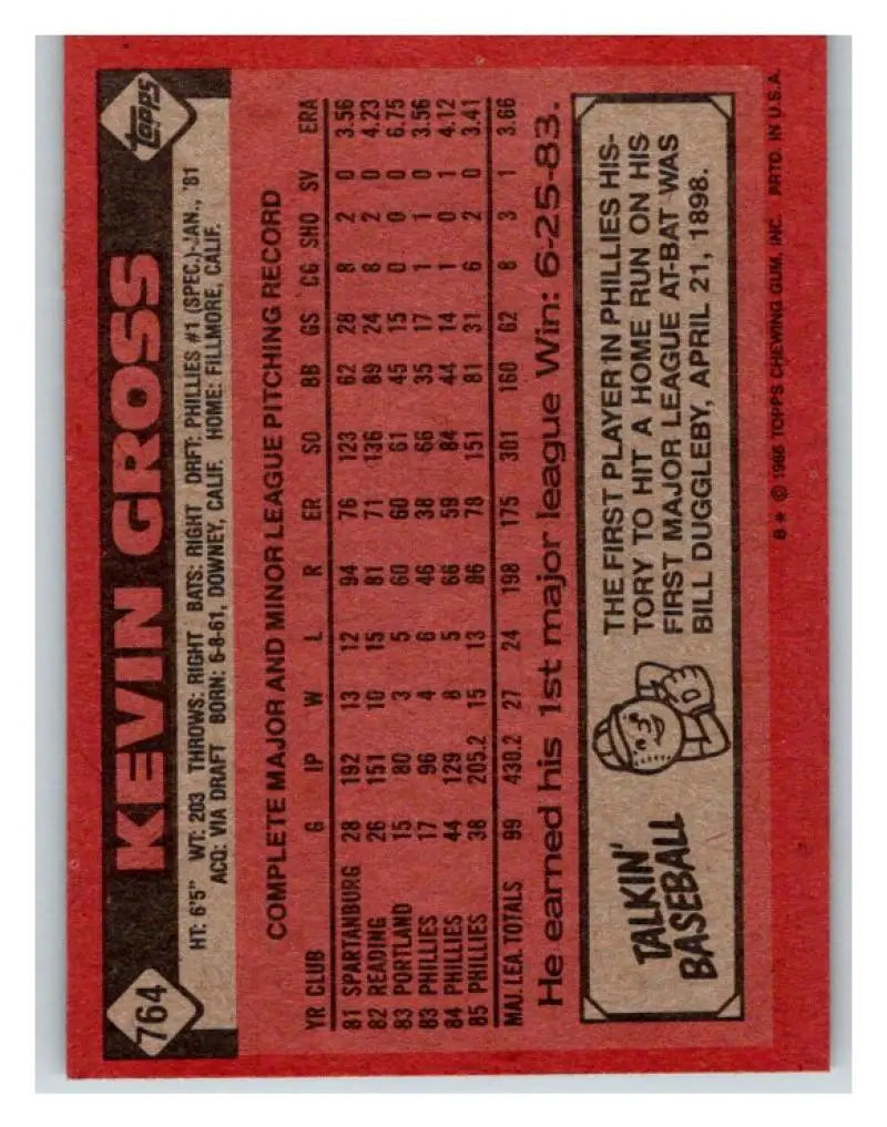 1986 Topps #764 Kevin Gross EX Excellent Philadelphia Phillies Baseball Card - Baseball Card Single