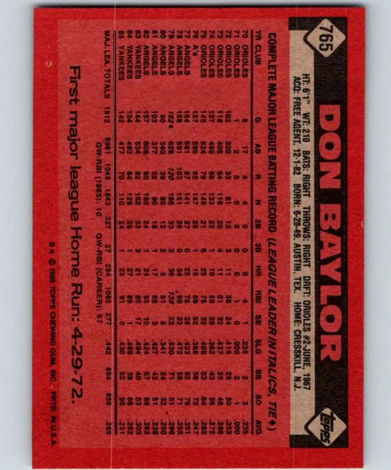 1986 Topps #765 Don Baylor EX Excellent New York Yankees Baseball Card - Baseball Card Single