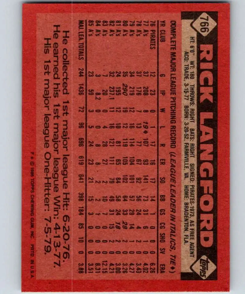 1986 Topps #766 Rick Langford EX Excellent Oakland Athletics Baseball Card - Baseball Card Single