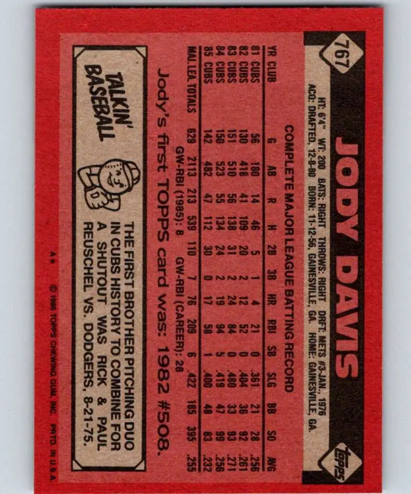 1986 Topps #767 Jody Davis EX Excellent Chicago Cubs Baseball Card - Baseball Card Single
