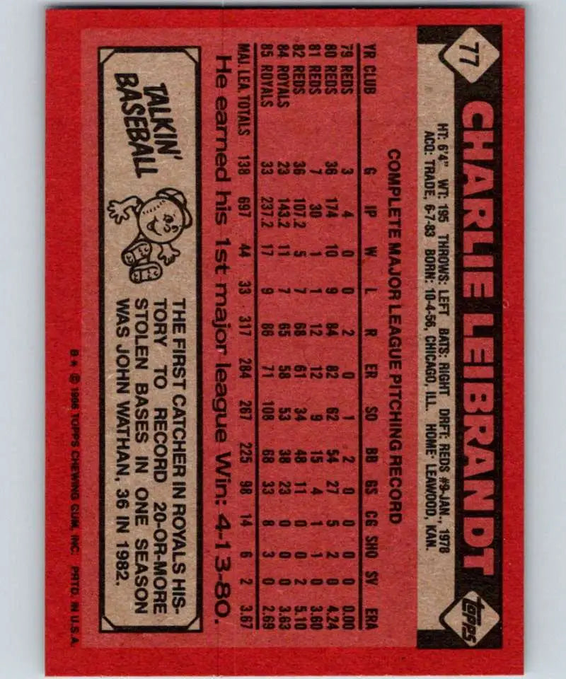 1986 Topps #77 Charlie Leibrandt EX Excellent Kansas City Royals Baseball Card - Baseball Card Single