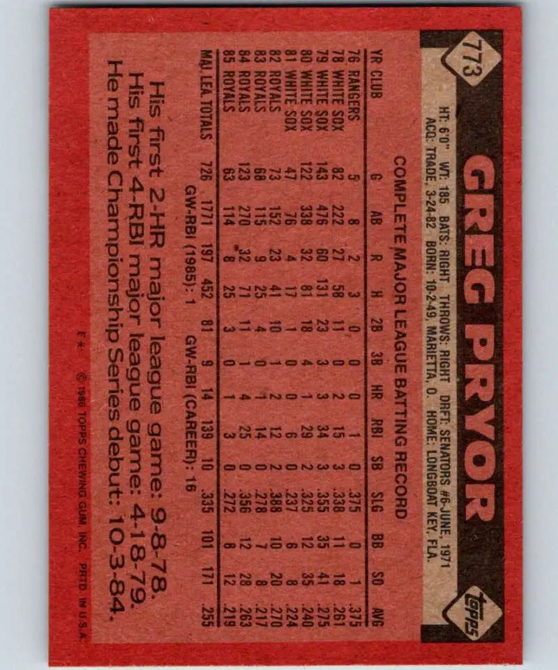 1986 Topps #773 Greg Pryor EX Excellent Kansas City Royals Baseball Card - Baseball Card Single