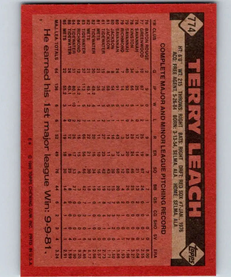 1986 Topps #774 Terry Leach EX Excellent New York Mets Baseball Card - Baseball Card Single