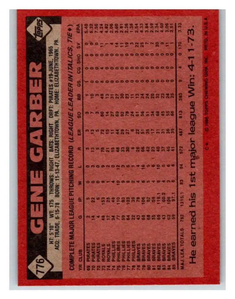 1986 Topps #776 Gene Garber EX Excellent Atlanta Braves Baseball Card - Baseball Card Single