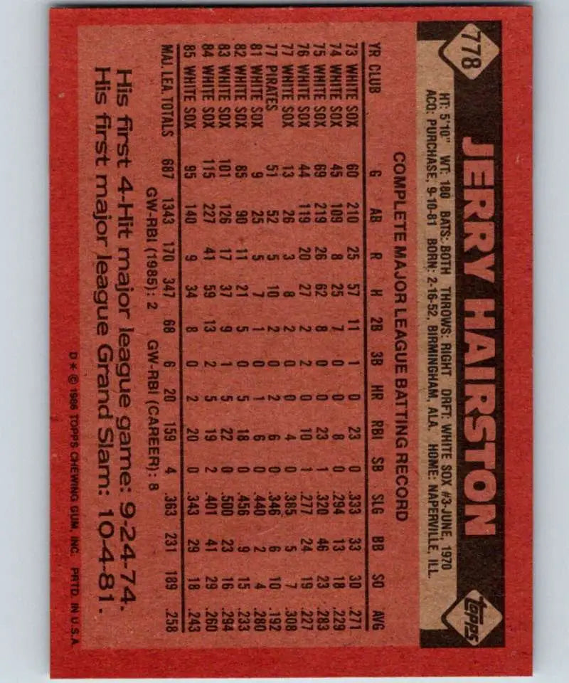 1986 Topps #778 Jerry Hairston EX Excellent Chicago White Sox Baseball Card