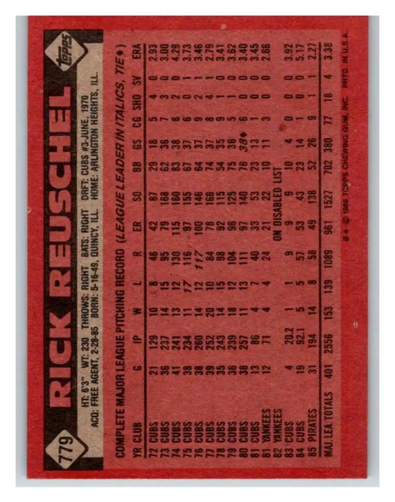 1986 Topps #779 Rick Reuschel EX Excellent Pittsburgh Pirates Baseball Card - Baseball Card Single
