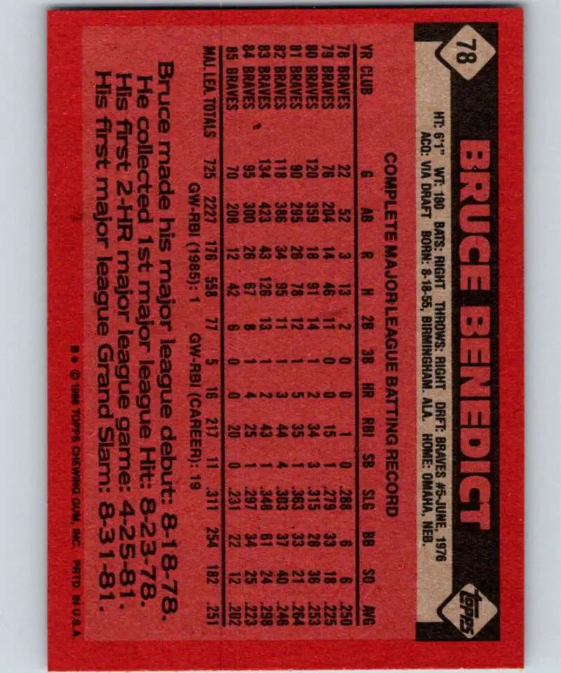 1986 Topps #78 Bruce Benedict EX Excellent Atlanta Braves Baseball Card - Baseball Card Single