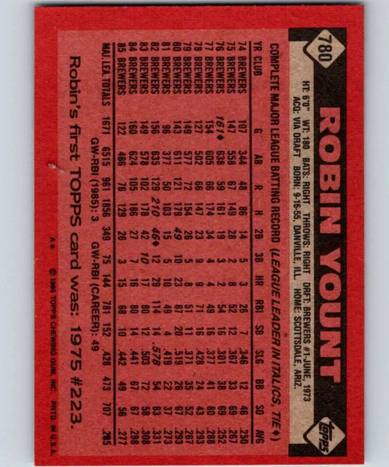1986 Topps #780 Robin Yount EX Excellent Milwaukee Brewers Baseball Card - Baseball Card Single