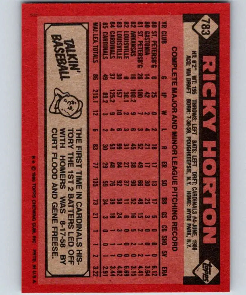 1986 Topps #783 Ricky Horton EX Excellent St. Louis Cardinals Baseball Card - Baseball Card Single