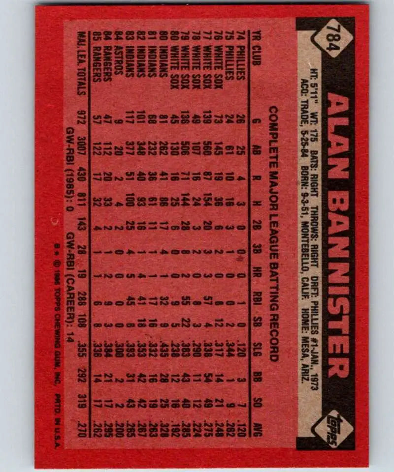 1986 Topps #784 Alan Bannister EX Excellent Texas Rangers Baseball Card - Baseball Card Single