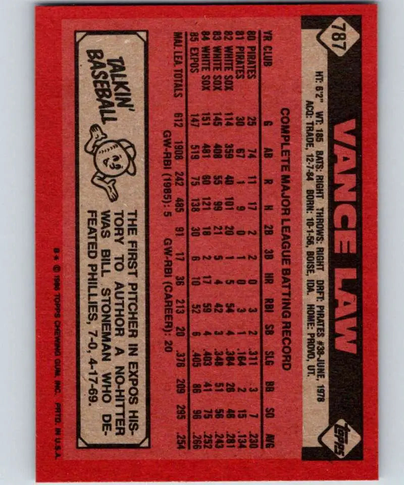 1986 Topps #787 Vance Law EX Excellent Montreal Expos Baseball Card - Baseball Card Single