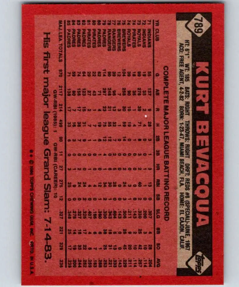 1986 Topps #789 Kurt Bevacqua EX Excellent San Diego Padres Baseball Card - Baseball Card Single