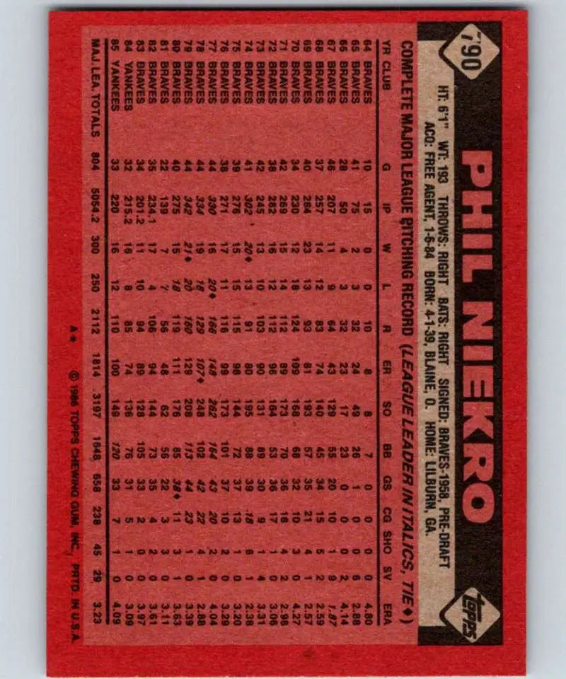 1986 Topps #790 Phil Niekro EX Excellent New York Yankees Baseball Card - Baseball Card Single
