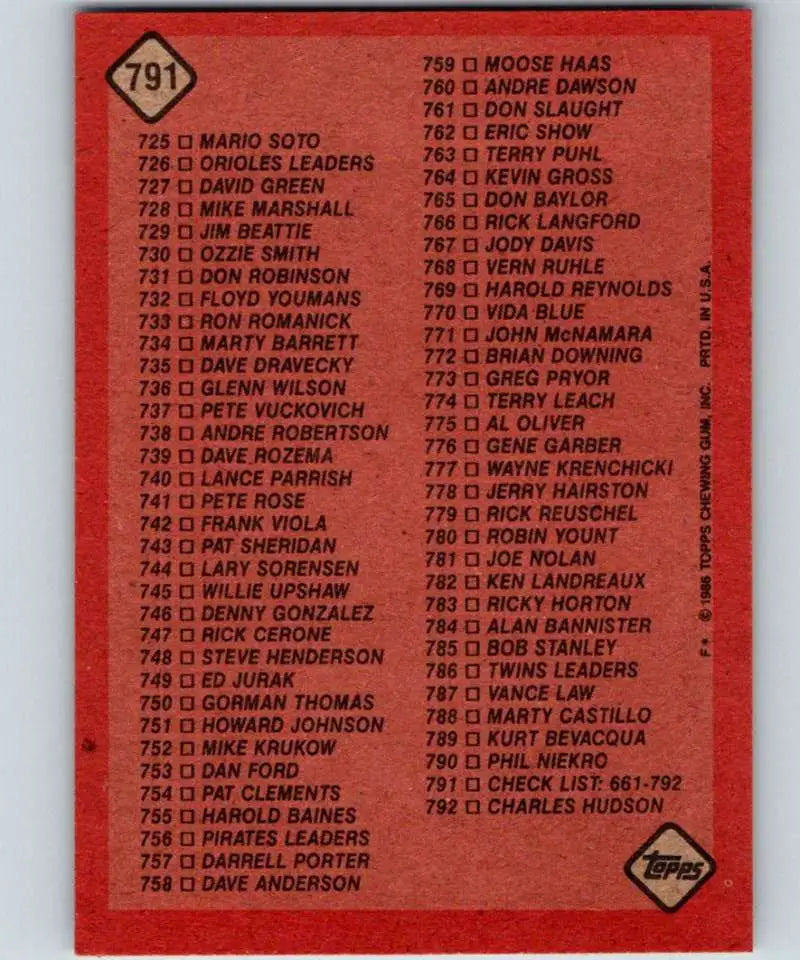 1986 Topps #791 Checklist 661-792 EX Excellent Checklist Baseball Card - Baseball Card Single