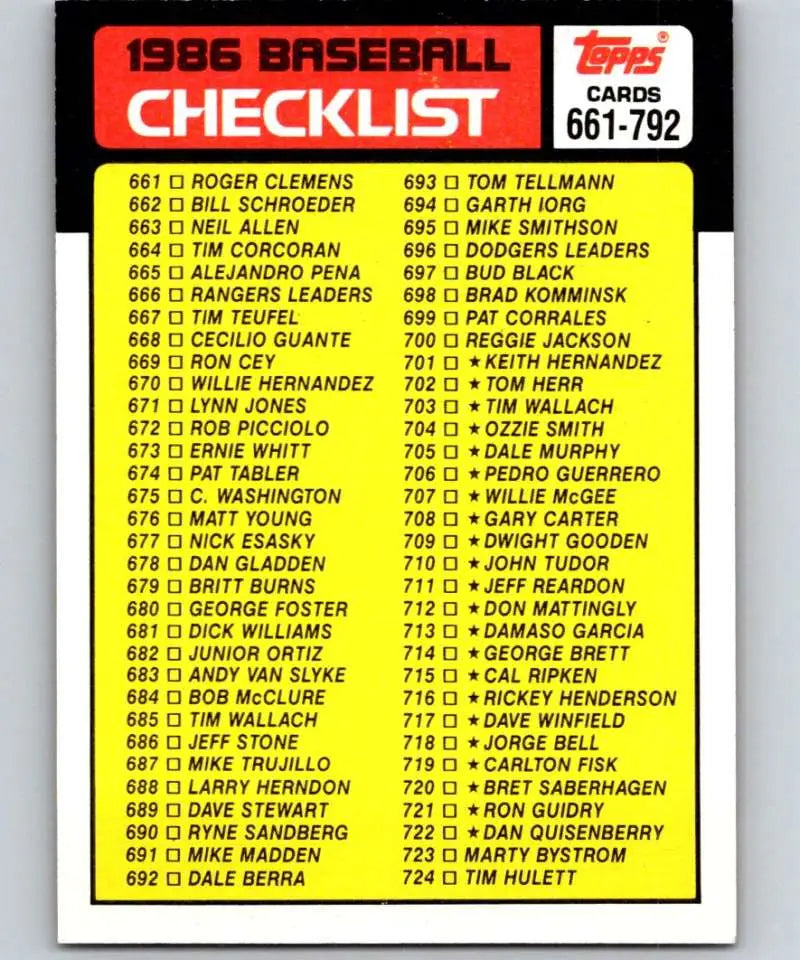 1986 Topps #791 Checklist 661-792 EX Excellent Checklist Baseball Card - Baseball Card Single