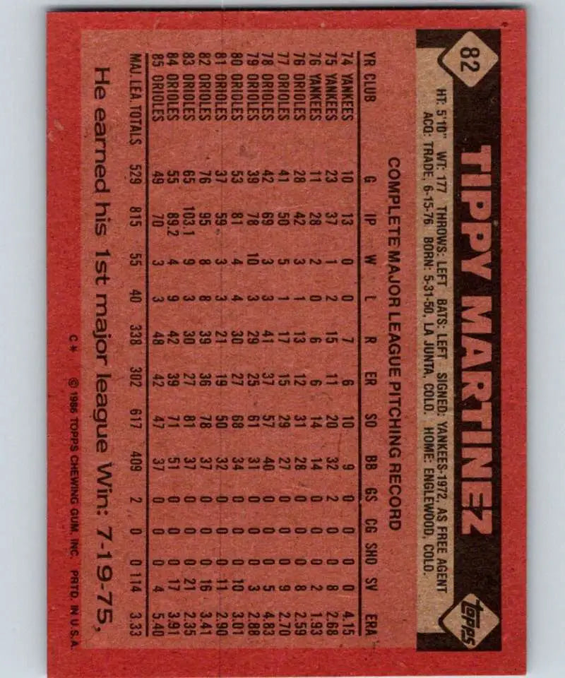 1986 Topps #82 Tippy Martinez EX Excellent Baltimore Orioles Baseball Card - Baseball Card Single