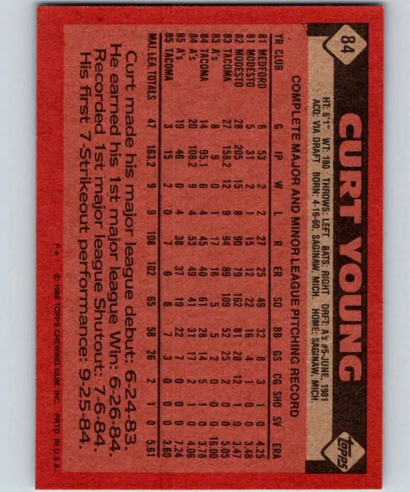 1986 Topps #84 Curt Young EX Excellent Oakland Athletics Baseball Card - Baseball Card Single