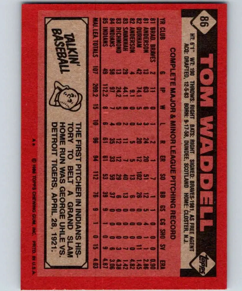 1986 Topps #86 Tom Waddell EX Excellent Cleveland Indians Baseball Card - Baseball Card Single