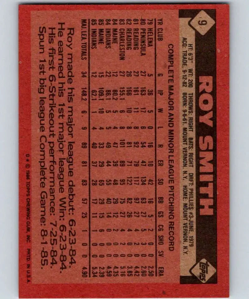 1986 Topps #9 Roy Smith EX Excellent Cleveland Indians Baseball Card - Baseball Card Single