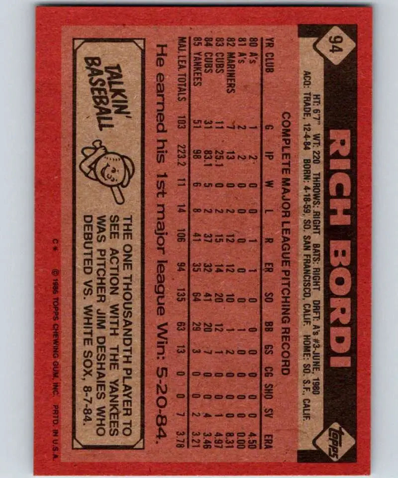1986 Topps #94 Rich Bordi EX Excellent New York Yankees Baseball Card - Baseball Card Single