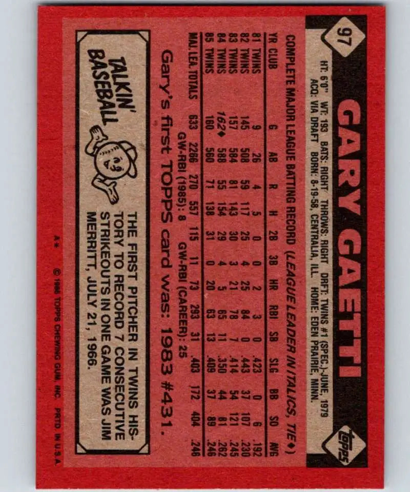 1986 Topps #97 Gary Gaetti EX Excellent Minnesota Twins Baseball Card - Baseball Card Single