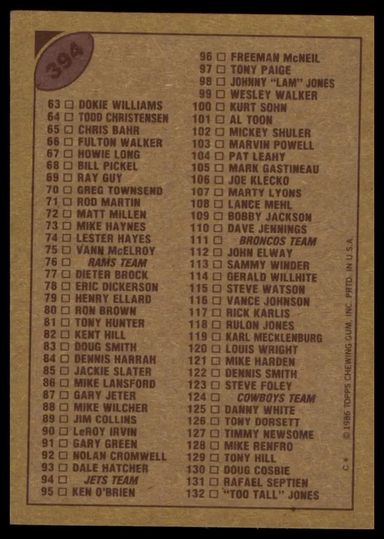 1986 Topps Checklist: 1-132 394 - Baseball Card Single