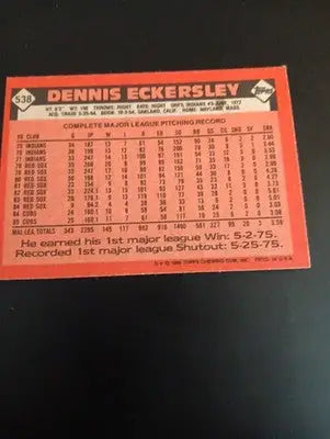 1986 Topps - Dennis Eckersley #538. Chicago Cubs. NRMT+ - Baseball Card Single