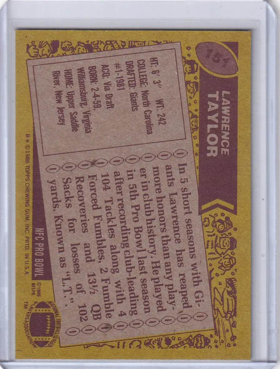 1986 Topps Football #151 Lawrence Taylor card featuring New York Giants star player