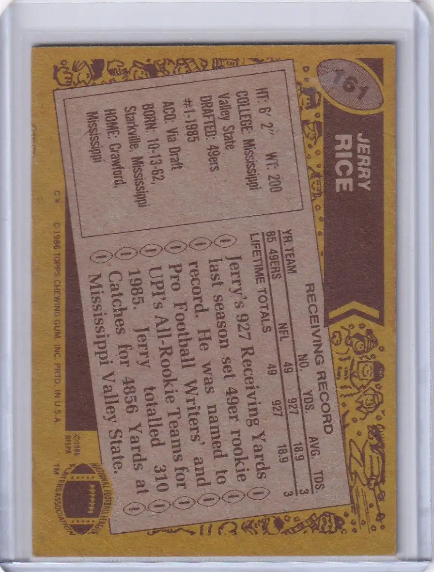 Jerry Rice 1986 Topps Football card featuring the San Francisco 49ers rookie series