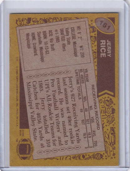 Jerry Rice 1986 Topps Football card featuring the San Francisco 49ers rookie series