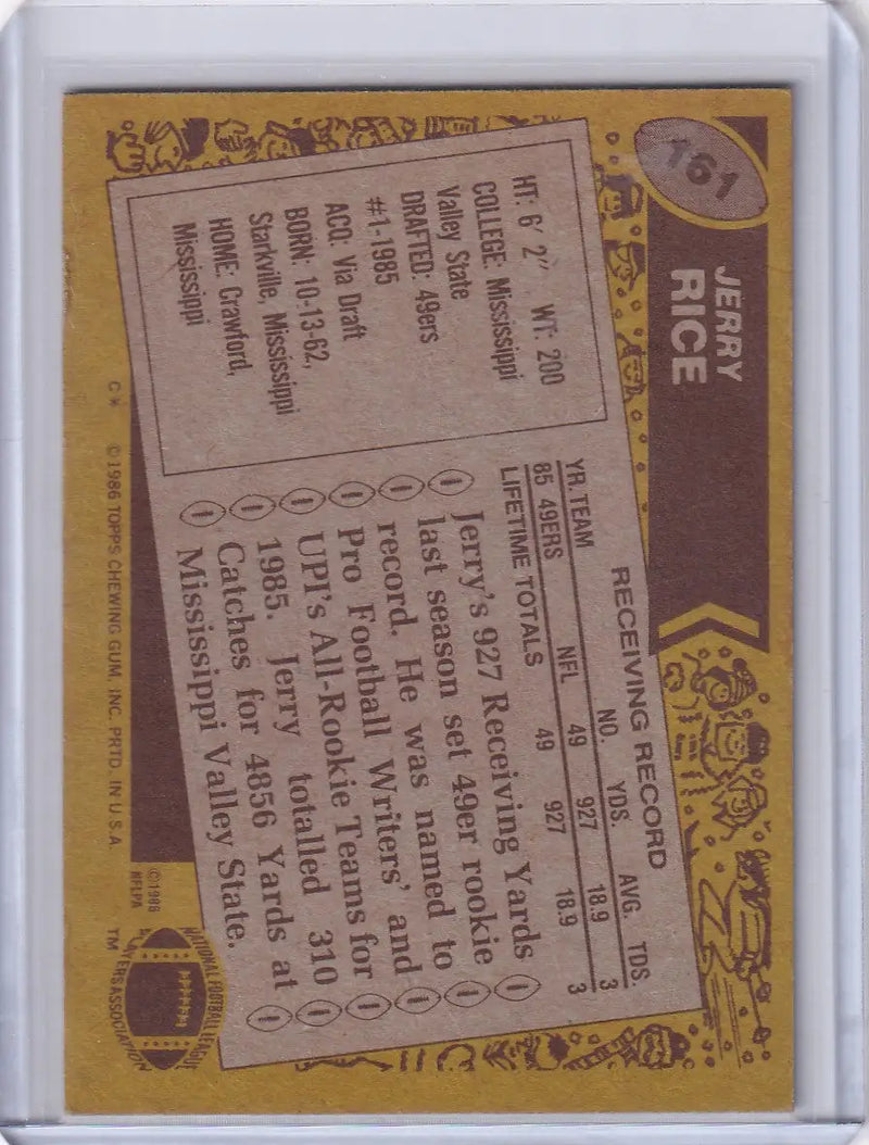 Jerry Rice 1986 Topps Football card featuring the San Francisco 49ers rookie series