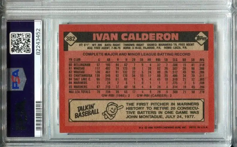 Graded Ivan Calderon signed card from 1986 Topps trading cards PSA/DNA Auto Mariners