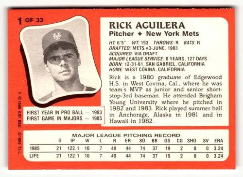 1986 Topps Kay-Bee Young Superstars of Baseball #1 Rick Aguilera NrMt-M ID:50400 - Baseball Card Single