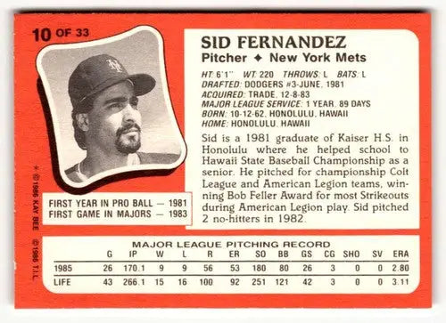1986 Topps Kay-Bee Young Superstars of Baseball #10 Sid Fernandez NrMt- ID:50411 - Baseball Card Single