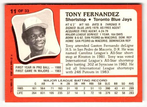 1986 Topps Kay-Bee Young Superstars of Baseball #11 Tony Fernandez NrMt ID:50386 - Baseball Card Single