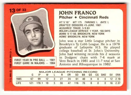 1986 Topps Kay-Bee Young Superstars of Baseball #13 John Franco NrMt-Mt ID:50410 - Baseball Card Single