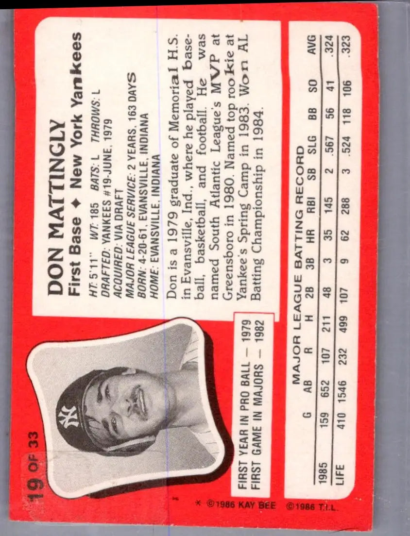 Don Mattingly baseball card from the 1986 Topps Kay-Bee Young Superstars of Baseball series