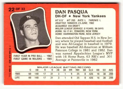1986 Topps Kay-Bee Young Superstars of Baseball #22 Dan Pasqua NrMt-Mt ID:50412 - Baseball Card Single