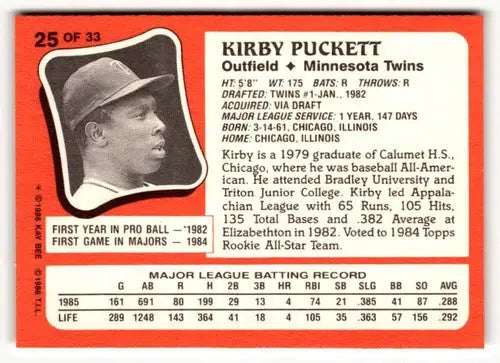 1986 Topps Kay-Bee Young Superstars of Baseball #25 Kirby Puckett NrMt- ID:50393 - Baseball Card Single