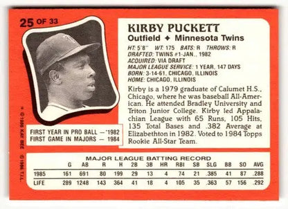 1986 Topps Kay-Bee Young Superstars of Baseball #25 Kirby Puckett NrMt- ID:50393 - Trading Cards