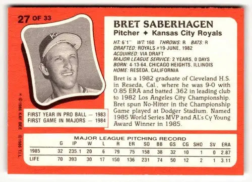 1986 Topps Kay-Bee Young Superstars of Baseball #27 Bret Saberhagen NrM ID:50402 - Baseball Card Single