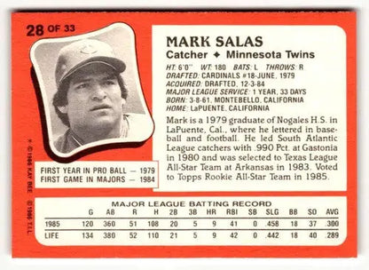 1986 Topps Kay-Bee Young Superstars of Baseball #28 Mark Salas NrMt-Mt ID:50401 - Trading Cards